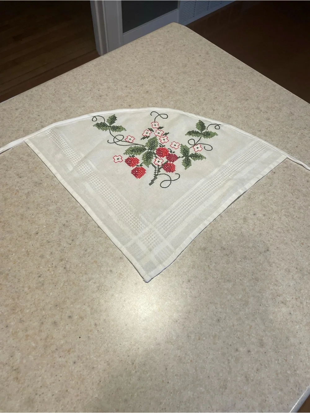 Vintage Head Scarf Upcycled Tablecloth Embroidered Floral Strawberry Handmade